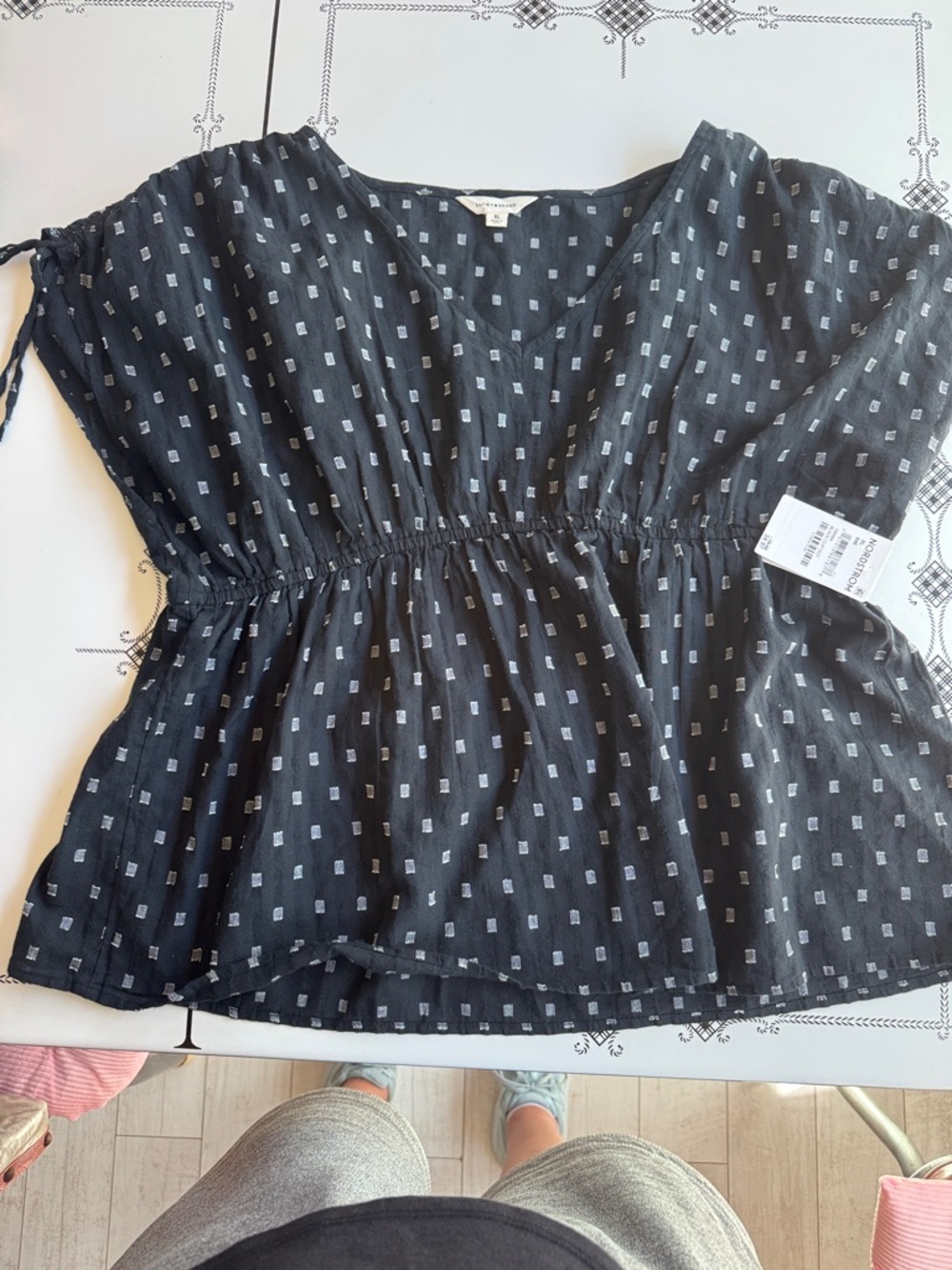 Lucky Brand Black V-Neck Peplum Top with White Square Print